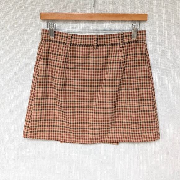Minga London Brown Tartan Print Plaid A-line Wrap Mini Skirt, size 2 - Picture 2 of 6